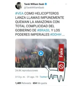 Falso: Tuit de Tarek William Saab acusa a gobierno de Brasil de quemar Amazonía usando helicópteros lanzallamas