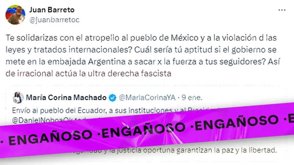 Cuentas influyentes cercanas al oficialismo descontextualizaron un tweet que Machado publicó hace 3 meses tras la toma del canal TC Televisión de Guayaquil por delincuentes armados.