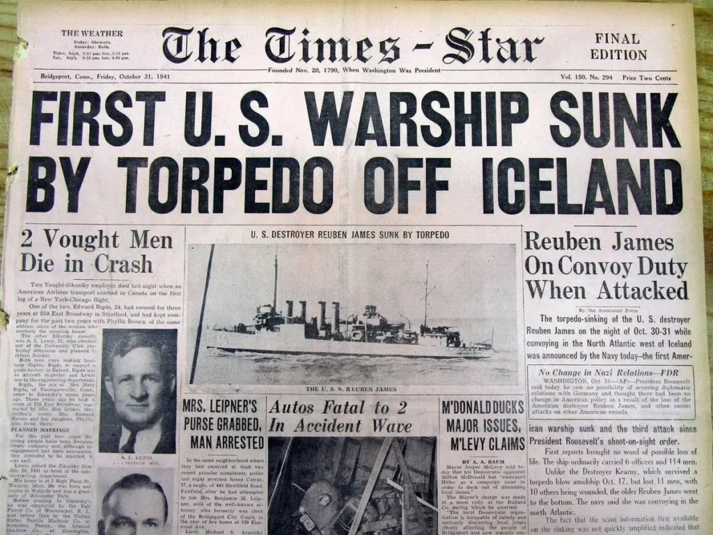 Primera página sobre el hundimiento del USS Reuben James