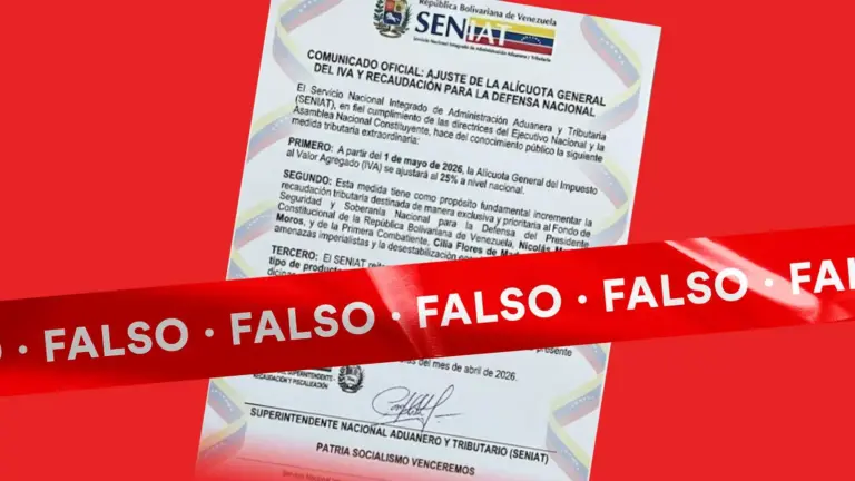 Es falso el comunicado del Seniat que anuncia incremento del IVA como aporte a la defensa de Nicolás Maduro y Cilia Flores