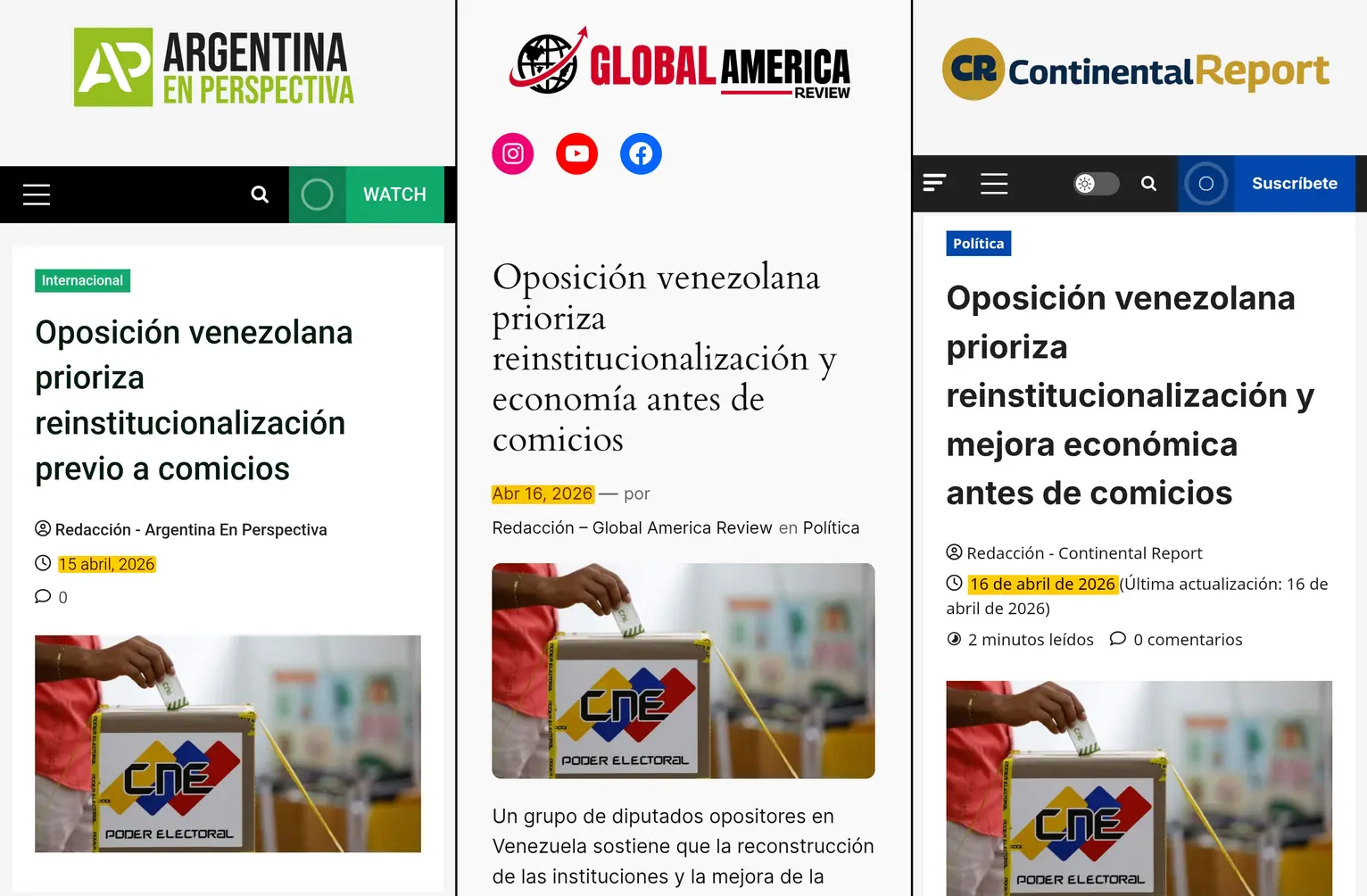 La imagen muestra 3 de los muchos portales de la red que publican artículos con el mismo título y fecha de publicación.