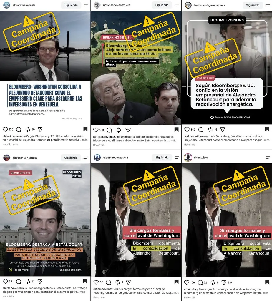 Capturas de publicaciones de seis cuentas de Instagram de La Fábrica de Desinformación con propaganda favorable a Alejandro Betancourt