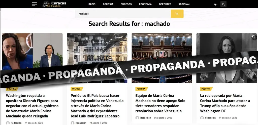 Captura de artículos de propaganda negativa sobre María Corina Machado publicados por los falsos noticieros