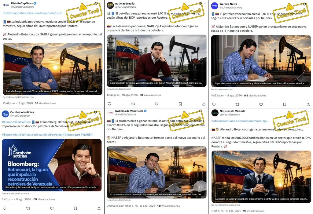 Capturas de artículos de los falsos noticieros que presentan las actividades de Alejandro Betancourt en Venezuela sin elementos críticos