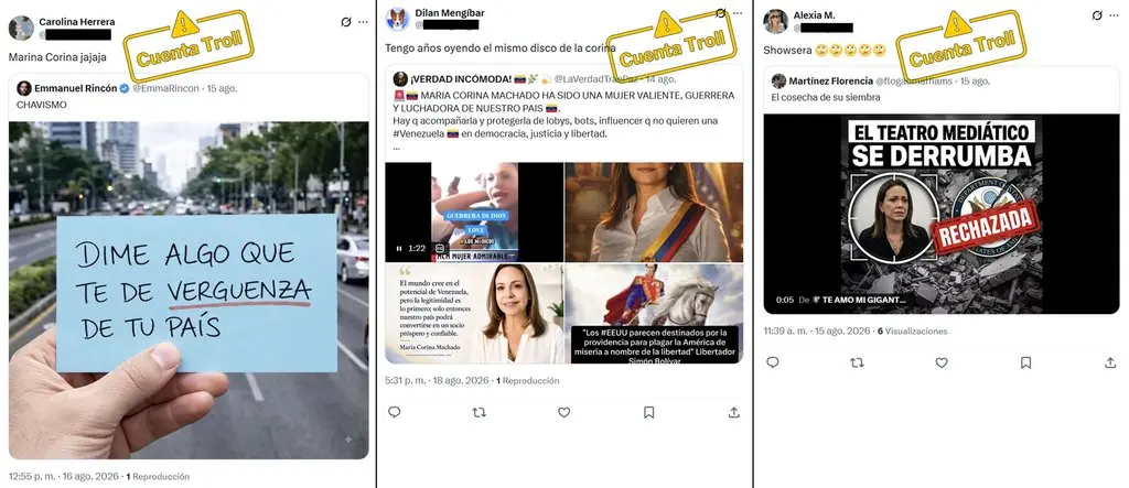 Capturas de mensajes publicados por las cuentas de la red con rechazo al liderazgo de María Corina Machado