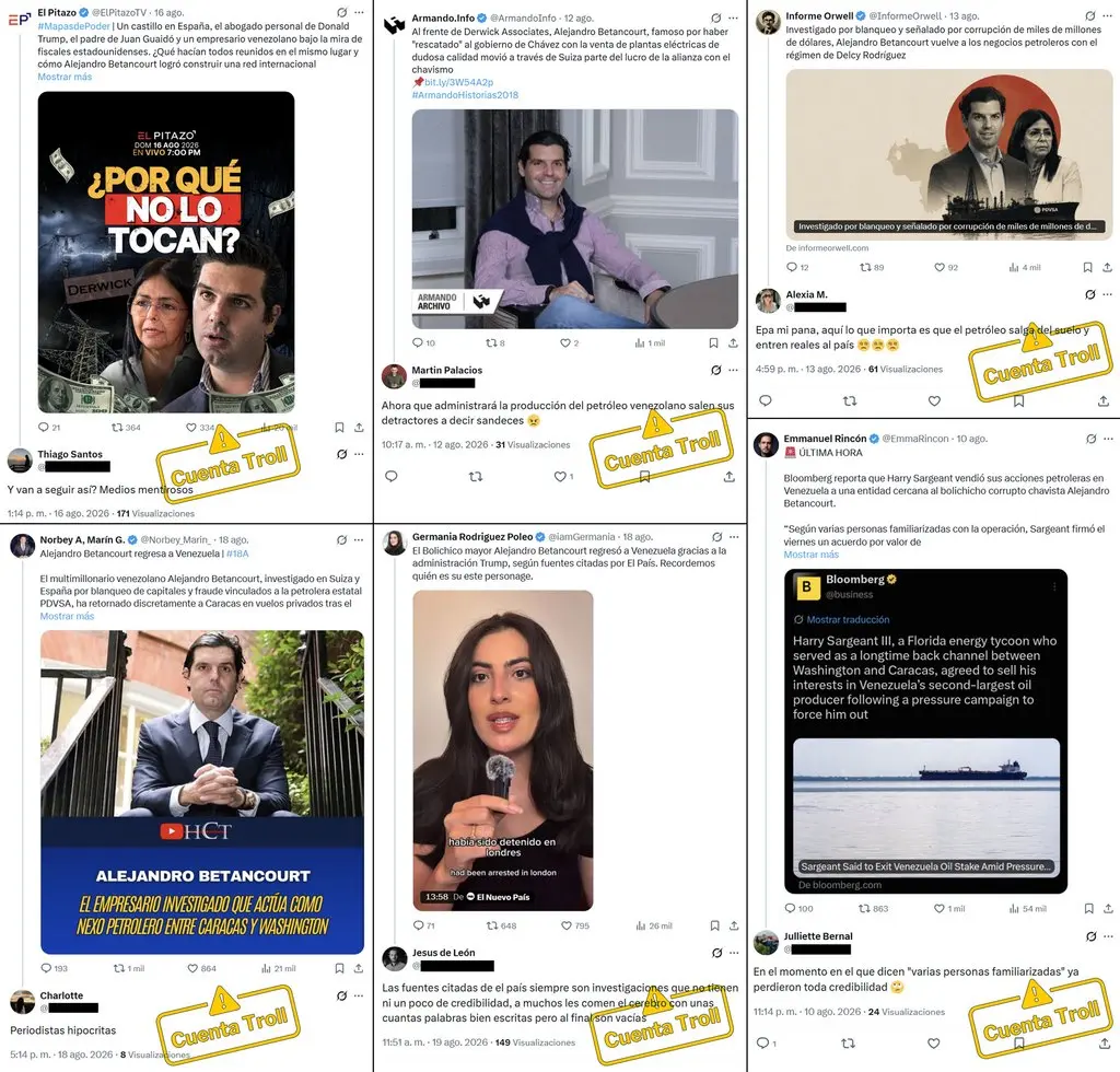 Capturas de X con decenas de respuestas casi simultáneas de cuentas inauténticas bajo publicaciones sobre Alejandro Betancourt