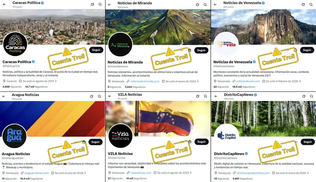 Capturas de seis cuentas de X que se presentan como noticieros regionales venezolanos y forman parte de la red
