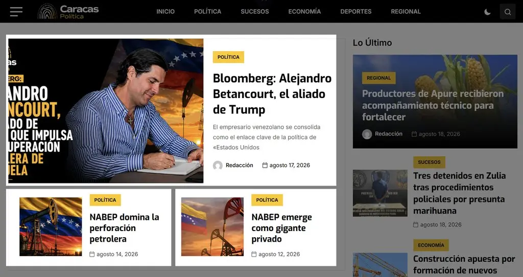 Captura de la página principal del sitio Caracas Política con artículos destacados sobre Alejandro Betancourt y NABEP
