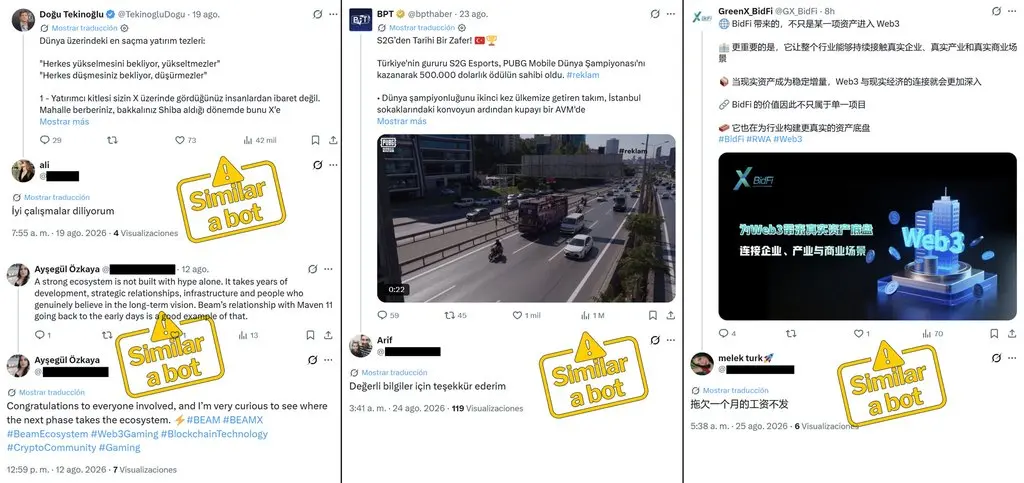 Capturas de comentarios en turco, inglés y chino publicados por las mismas cuentas en publicaciones sobre inversión, videojuegos y criptomonedas
