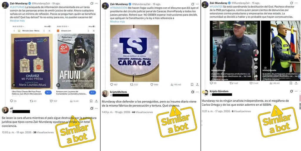 Capturas de tres publicaciones del exfiscal Zair Mundaray del 15 y el 19 de agosto de 2026 con respuestas de cuentas con comportamiento similar a bot