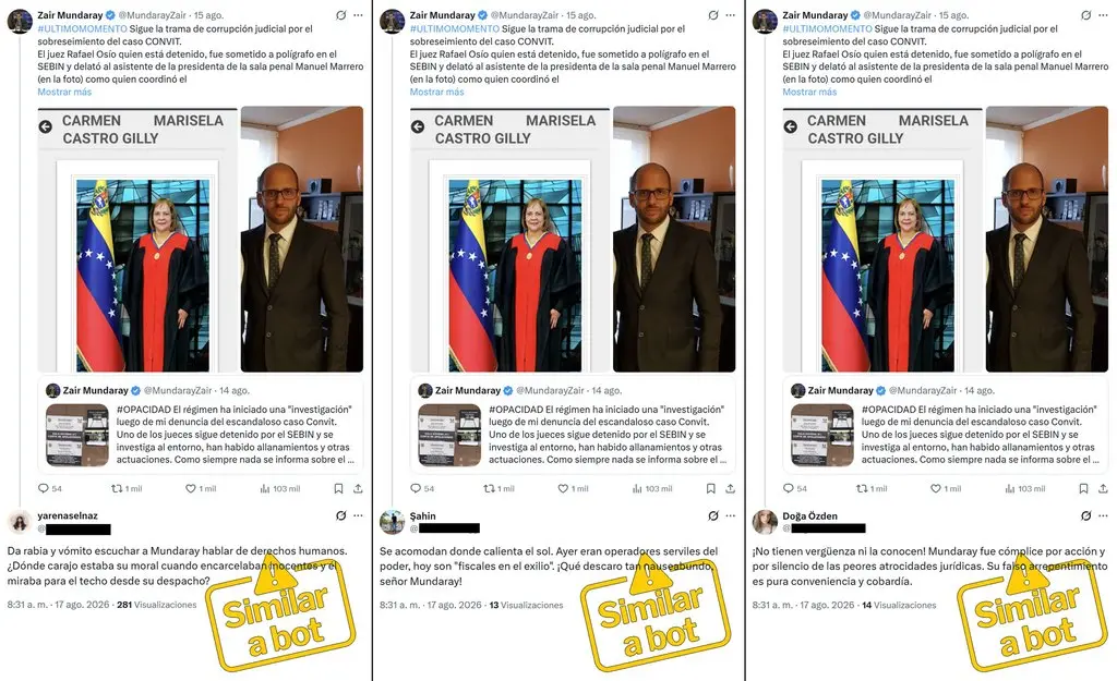 Captura de tres respuestas de cuentas de Criptobots-C publicadas a las 8:31 de la mañana del 17 de agosto de 2026 bajo una publicación de Zair Mundaray sobre el caso Convit