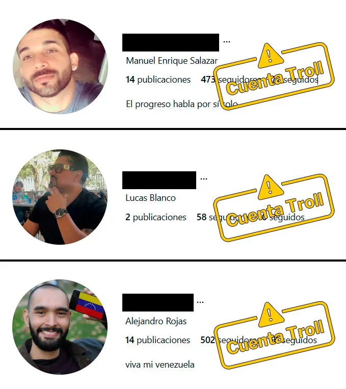 Capturas de perfiles de Instagram privados con biografías de frases motivacionales genéricas y nombres de usuario con patrones repetidos