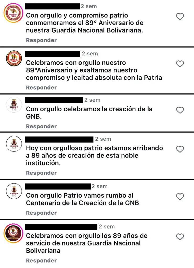 Comentarios de cuentas oficiales de cuerpos de seguridad del Estado en una publicación de Instagram de Delcy Rodríguez