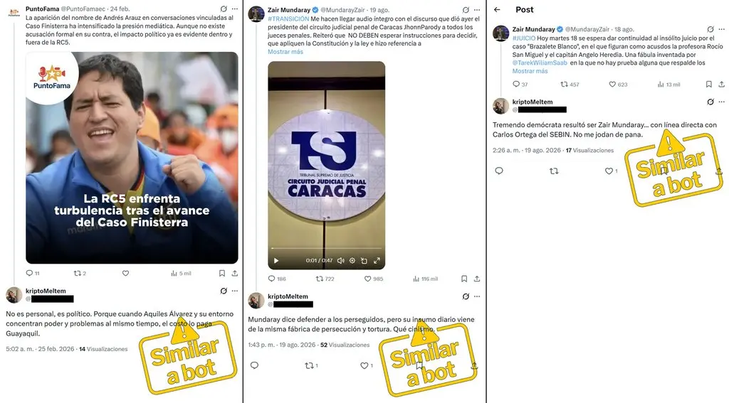 Respuestas de la cuenta kriptoMeltem contra Aquiles Álvarez en febrero de 2026 y contra el exfiscal Zair Mundaray en agosto de 2026