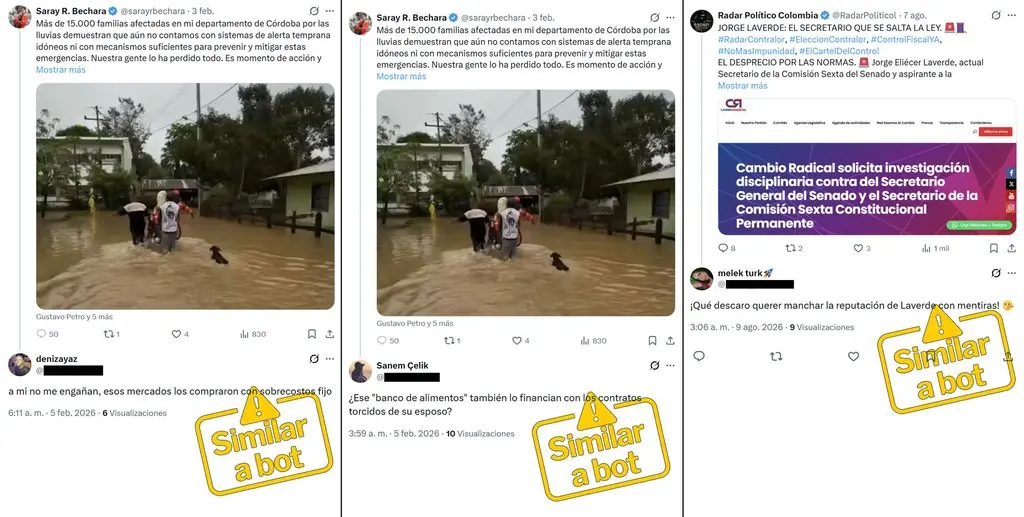 Respuestas de cuentas similares a bots bajo publicaciones de Saray Robayo Bechara y de Radar Político Colombia sobre Jorge Eliécer Laverde, en febrero y agosto de 2026