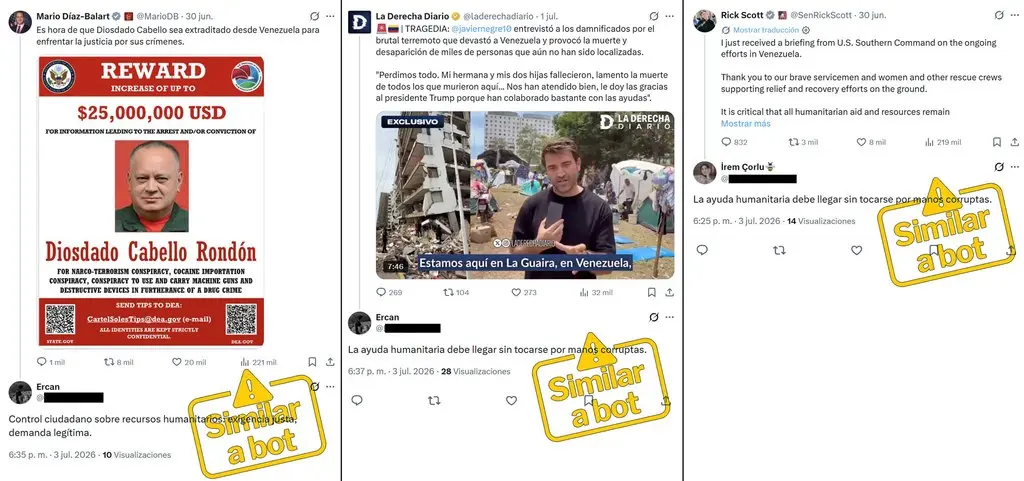 Respuestas de cuentas similares a bots bajo las publicaciones de Mario Díaz-Balart, La Derecha Diario y Rick Scott sobre Venezuela, publicadas el 3 de julio de 2026