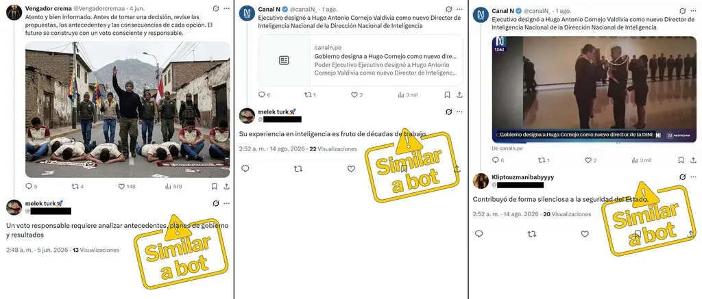 Respuestas de cuentas similares a bots en publicaciones peruanas, entre ellas las de Canal N sobre el nombramiento de Hugo Antonio Cornejo Valdivia, el 14 de agosto de 2026