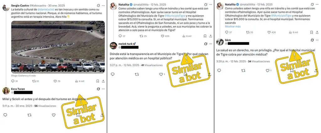 Respuestas de cuentas similares a bots en conversaciones argentinas sobre turismo y sobre el cobro de consultas en un hospital municipal de Tigre, en enero y febrero de 2025