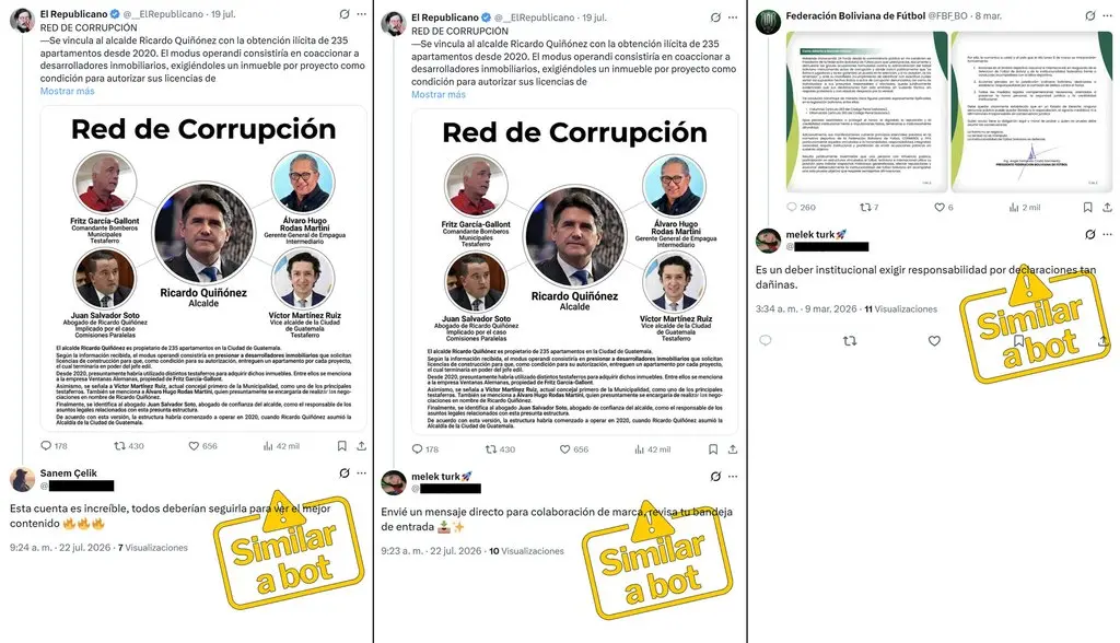 Respuestas de cuentas similares a bots bajo publicaciones de El Republicano sobre el alcalde Ricardo Quiñónez y de la Federación Boliviana de Fútbol, en 2026