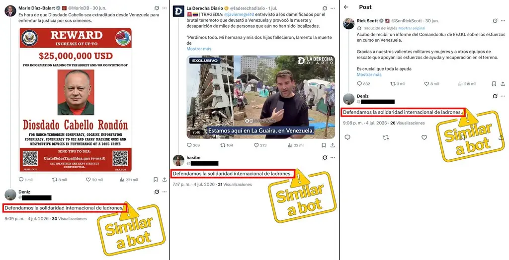 El mensaje «Defendamos la solidaridad internacional de ladrones.» publicado el 4 de julio de 2026 por cuentas similares a bots bajo las publicaciones de Mario Díaz-Balart, La Derecha Diario y Rick Scott