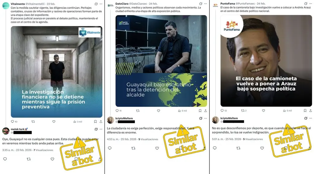 Respuestas de cuentas similares a bots bajo publicaciones de los falsos medios Vitalmente, DatoClaro y PuntoFama sobre el alcalde de Guayaquil y Andrés Arauz, en febrero de 2026
