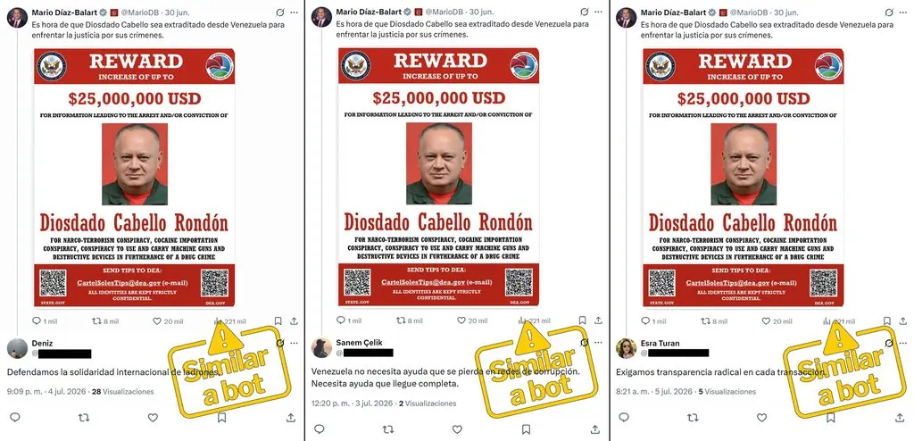 Tres respuestas de cuentas marcadas como similares a bots bajo la publicación de Mario Díaz-Balart que pide la extradición de Diosdado Cabello, publicadas el 4 y el 5 de julio de 2026