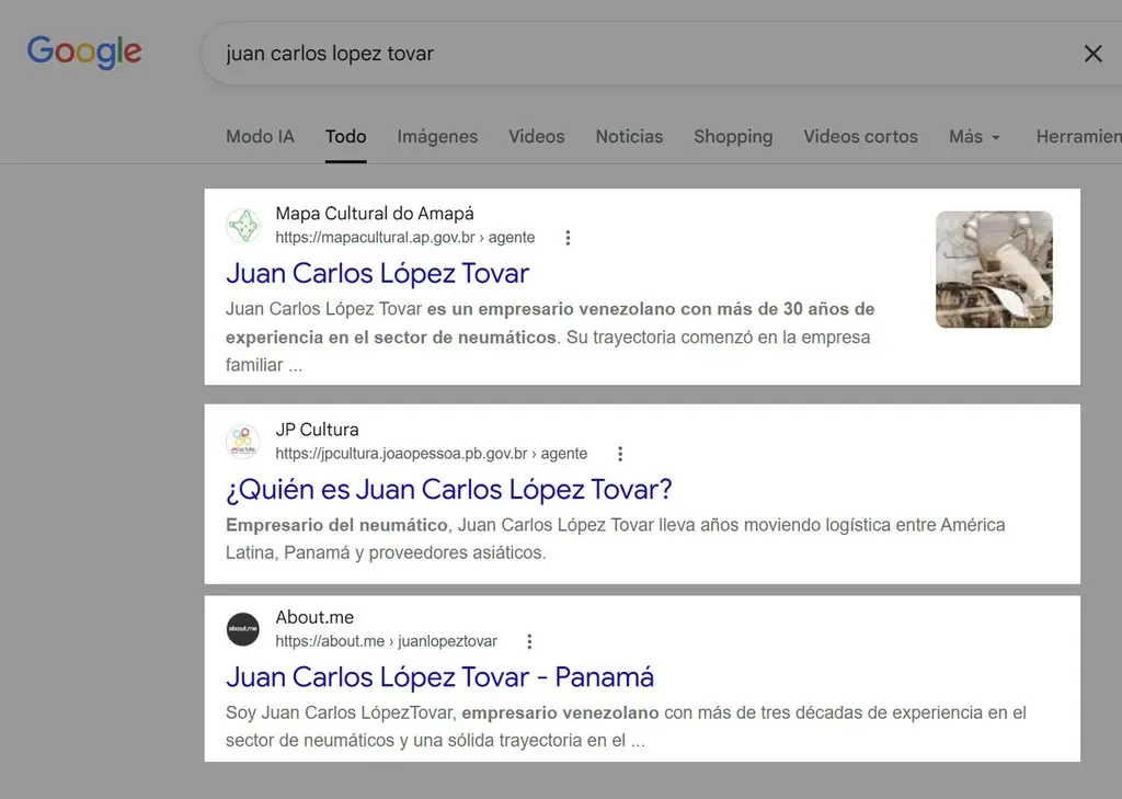Captura de la primera página de resultados de Google para Juan Carlos Tovar López, con dos enlaces a Mapas Culturais
