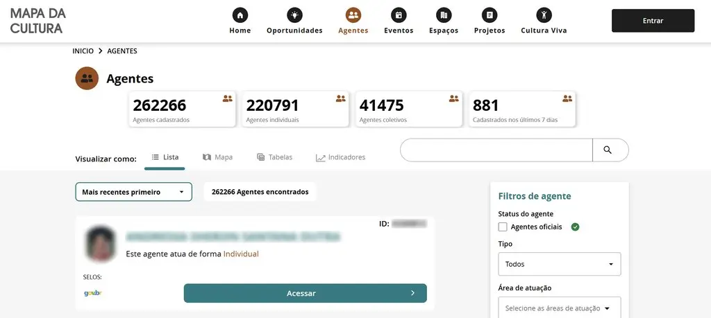 Captura del buscador de fichas de agentes culturales de un sitio de la red Mapas Culturais