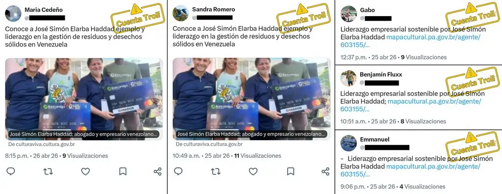 Capturas de X en las que cuentas con señales de inautenticidad comparten enlaces de fichas de Mapas Culturais sobre José Simón Elarba Haddad