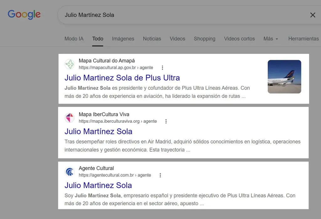 Captura de los tres primeros resultados de Google para Julio Martínez Sola, todos perfiles en Mapas Culturais