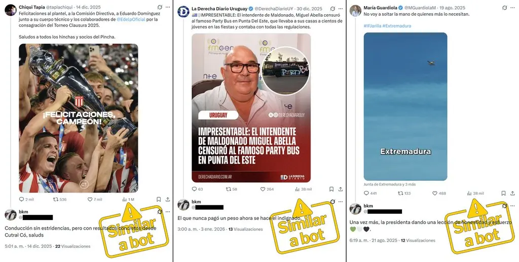 Respuestas de la cuenta bkm, marcada como similar a bot, bajo publicaciones de Chiqui Tapia, La Derecha Diario Uruguay y María Guardiola