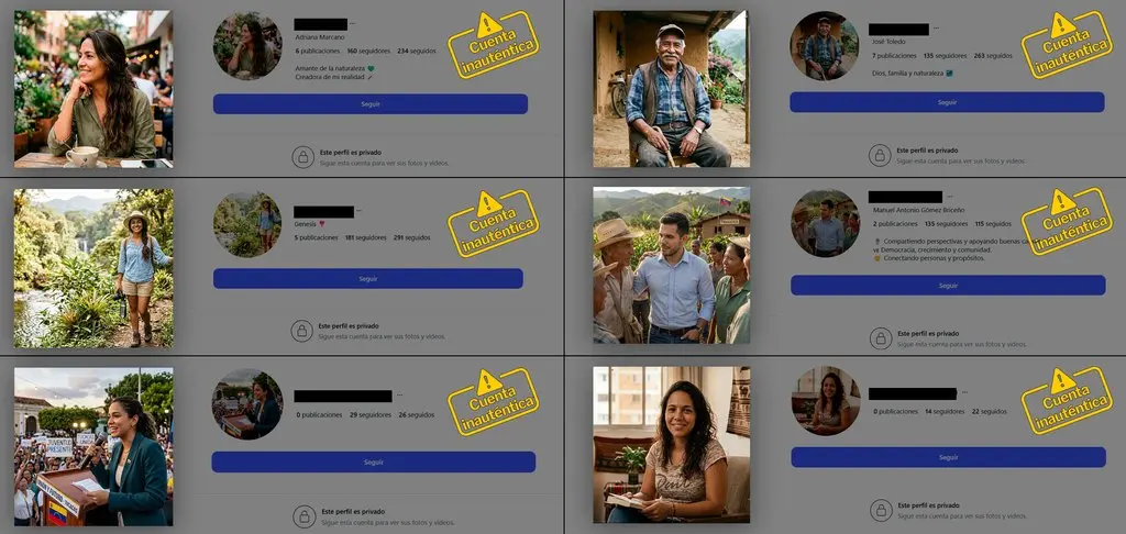 Captura de varias de las 168 cuentas inauténticas identificadas, con fotos de perfil generadas con IA