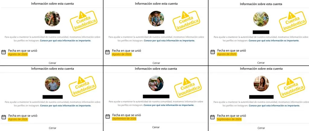 Sección Información sobre esta cuenta de Instagram con fechas de registro de agosto y septiembre de 2026