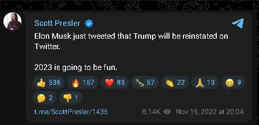 Publicación de Scott Presler en su canal de Telegram celebrando la compra de Twitter por parte de Elon Musk, noviembre de 2022